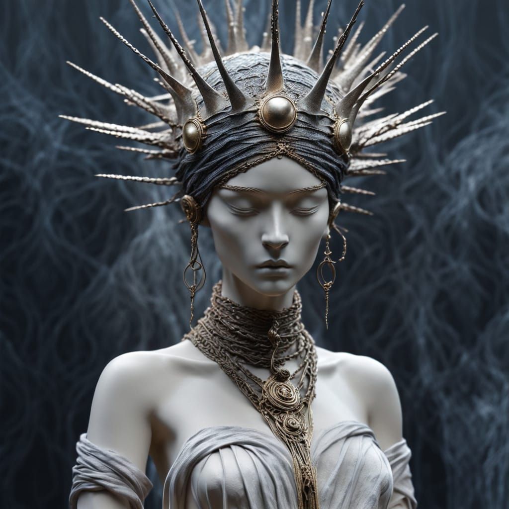 Solemn Blindfolded Oracle Statue in Dark Fantasy Style
