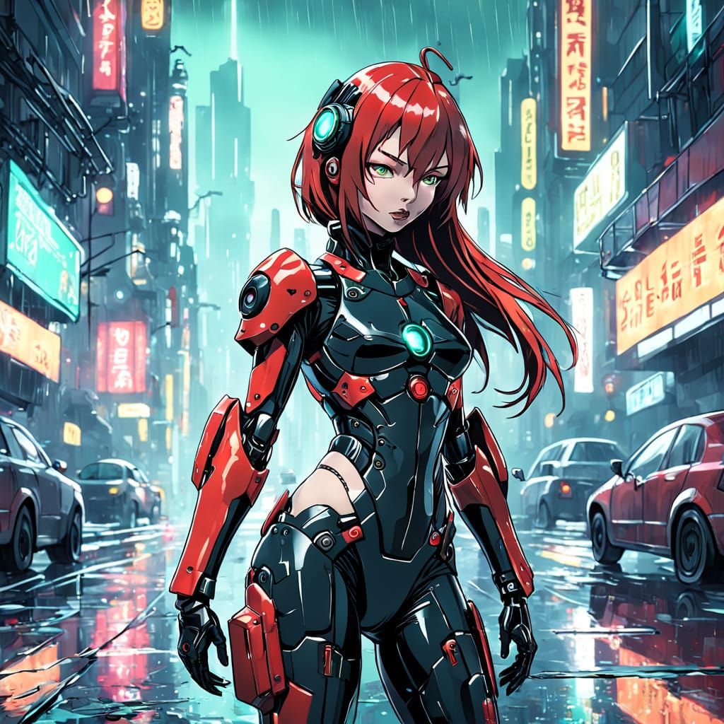 Cyberpunk Warrior Goddess in Dystopian Metropolis