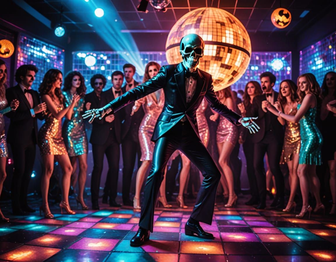 Skeleton Dancer at Halloween Prom Under Broken Disco Ball