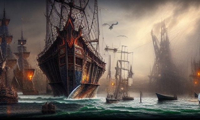 Magical Docks District with Dragons in Digital Art