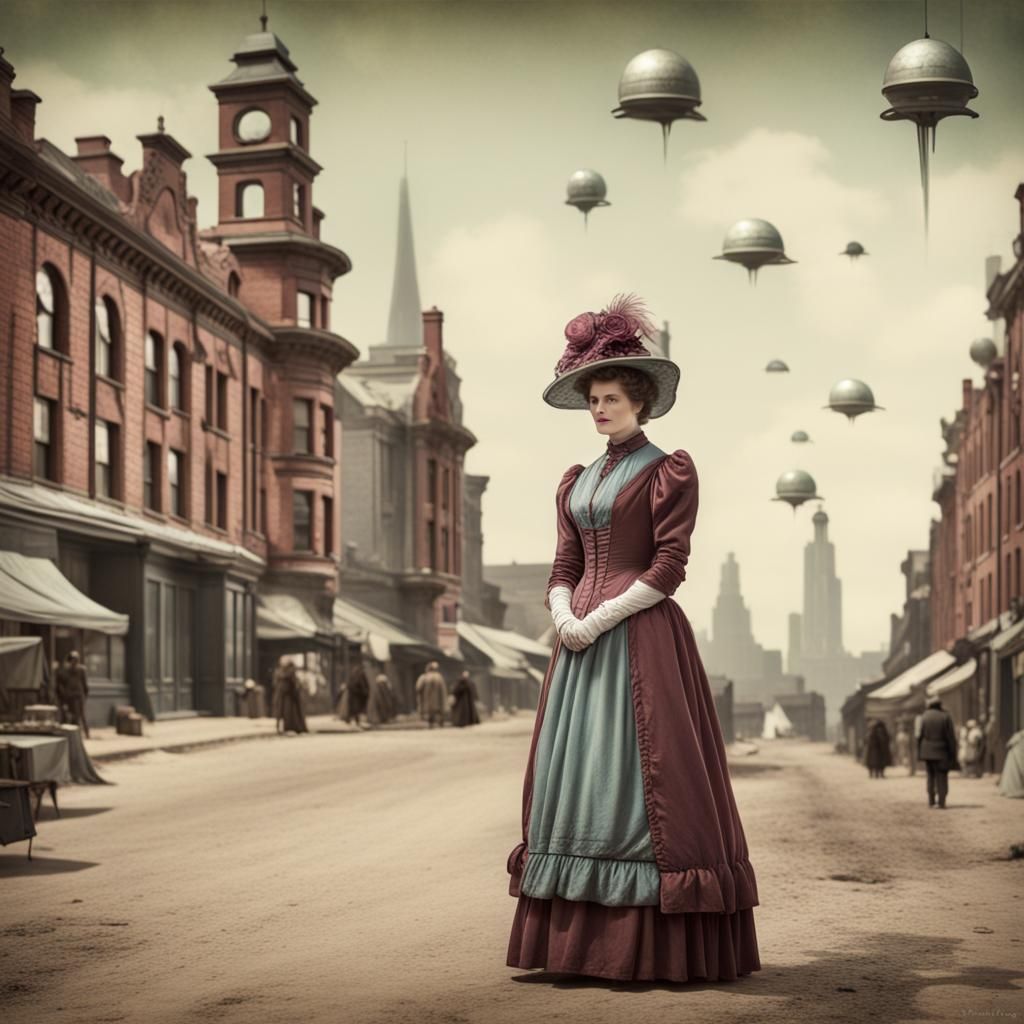 Victorian Lady's Martian Excursion: Hand-Tinted Postcard