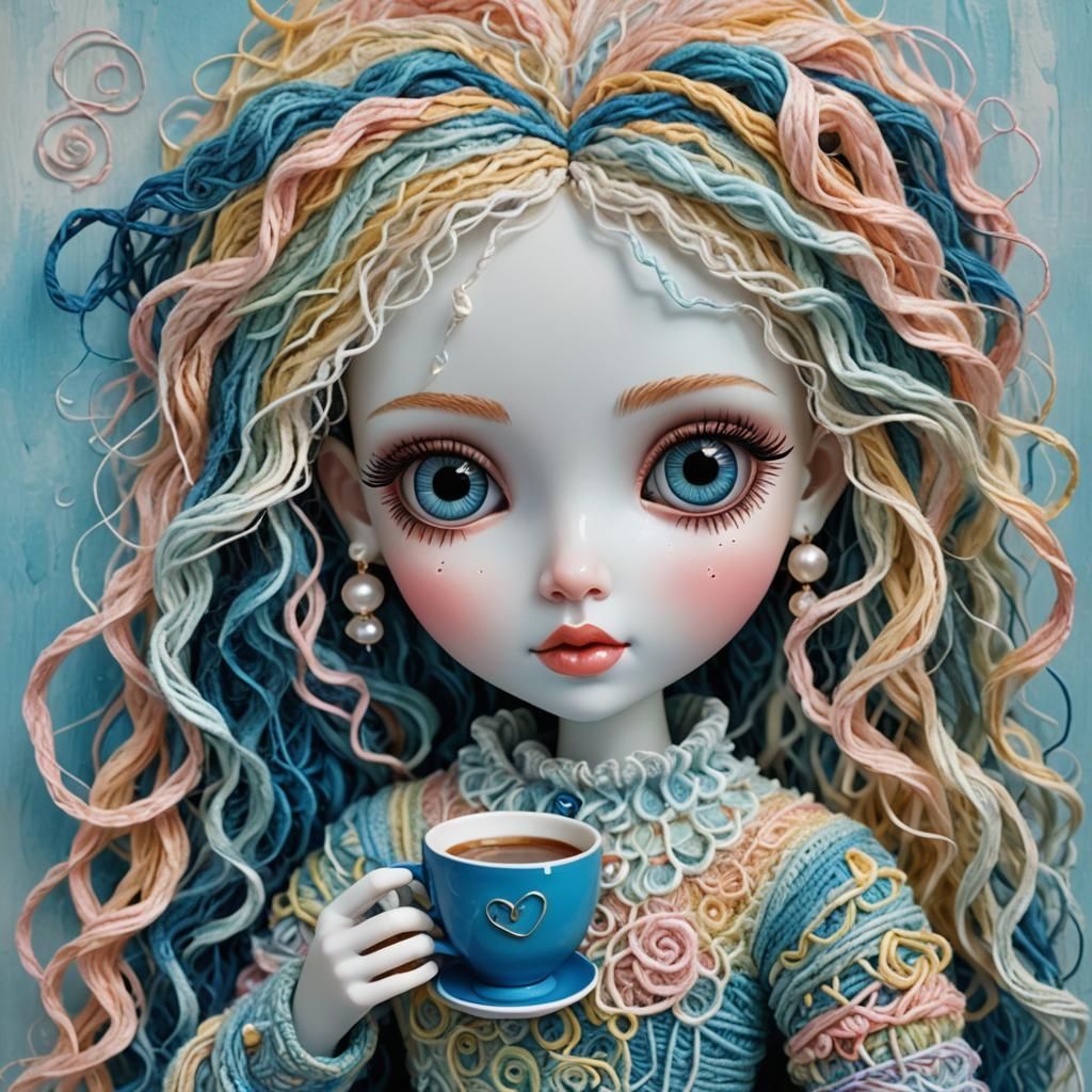 Whimsical Yarn Doll Sipping Coffee, Abstract Art