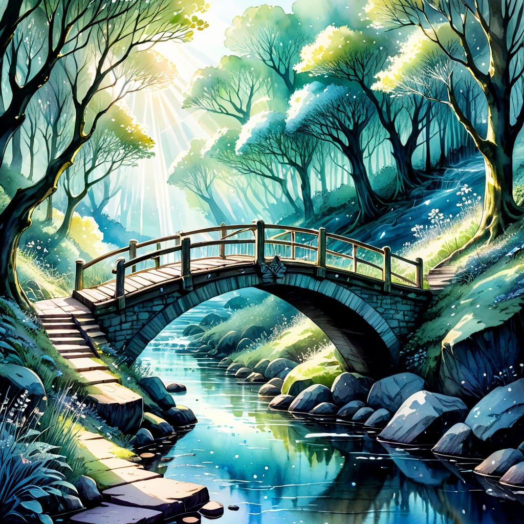Enchanted Watercolour Bridge in Whimsical Woodland