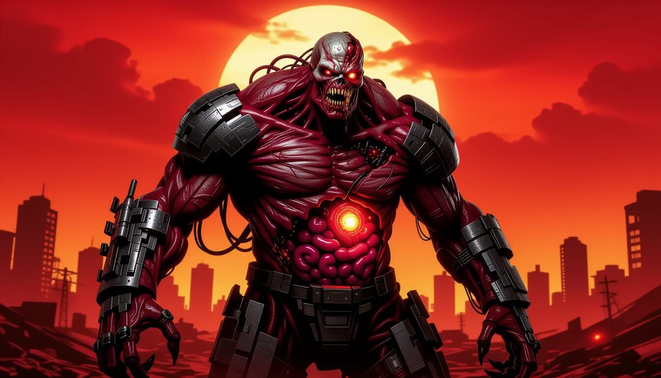 Cybernetic Horror Entity in Apocalyptic Landscape