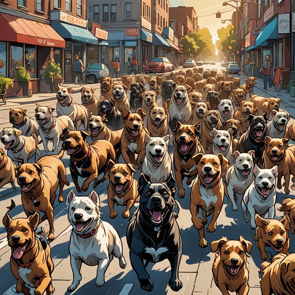 Dogs Running Down the Street in Comic Book Art
