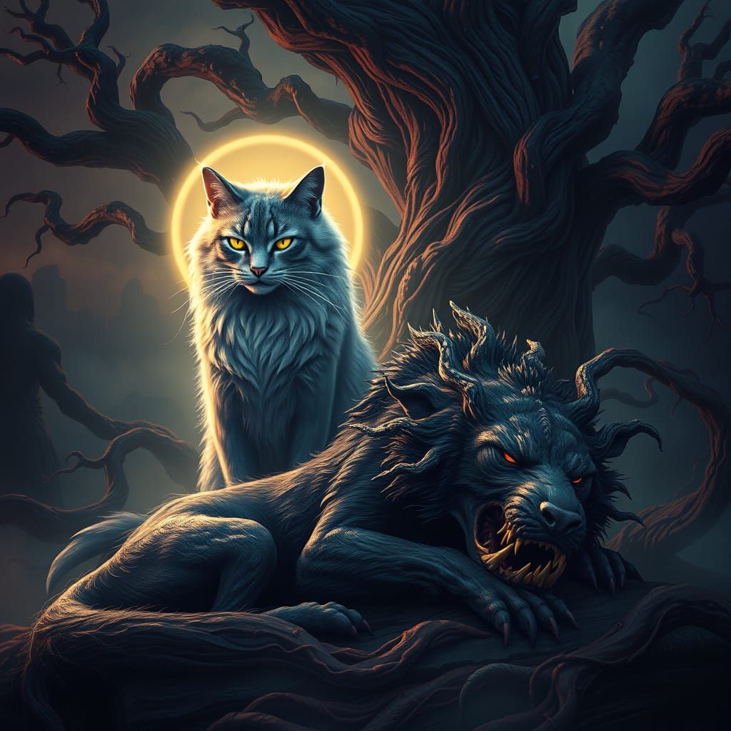 Mysterious Feline Guardian in Dark Fantasy Realm