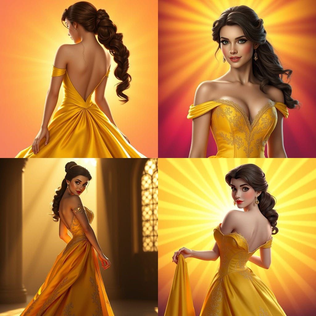 Belle in Elegant Yellow Gown, Cyberpunk Digital Art