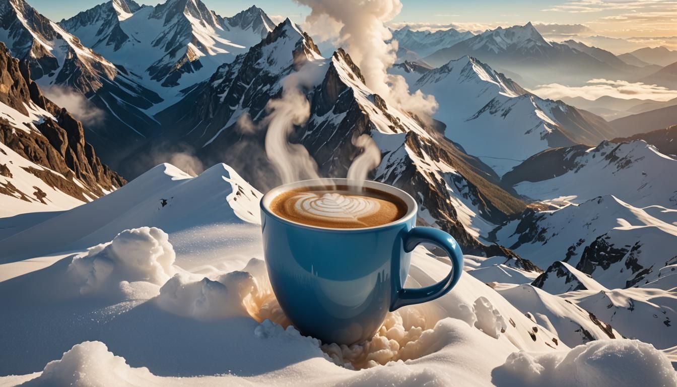 Giant Coffee Mug Among Snowy Mountains as Digital Art