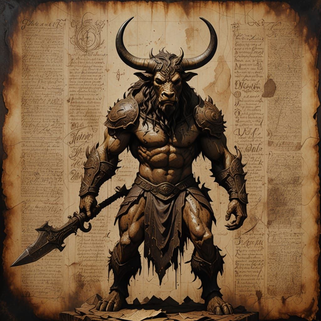 Tall Minotaur Before Mixed Media Wall