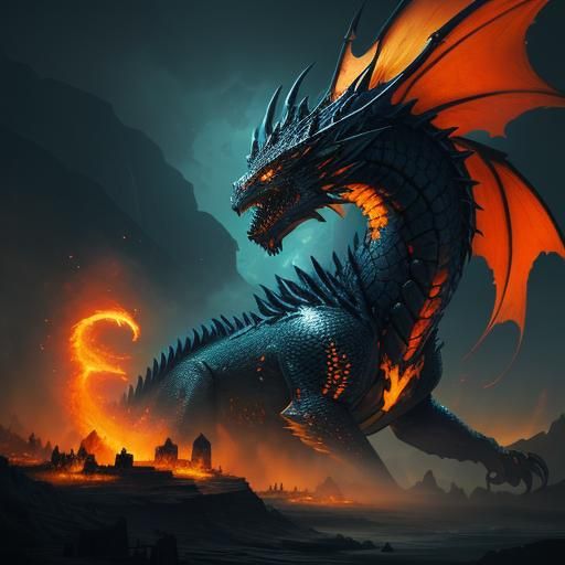Black Dragon Breathing Fire in Mystical Ruins