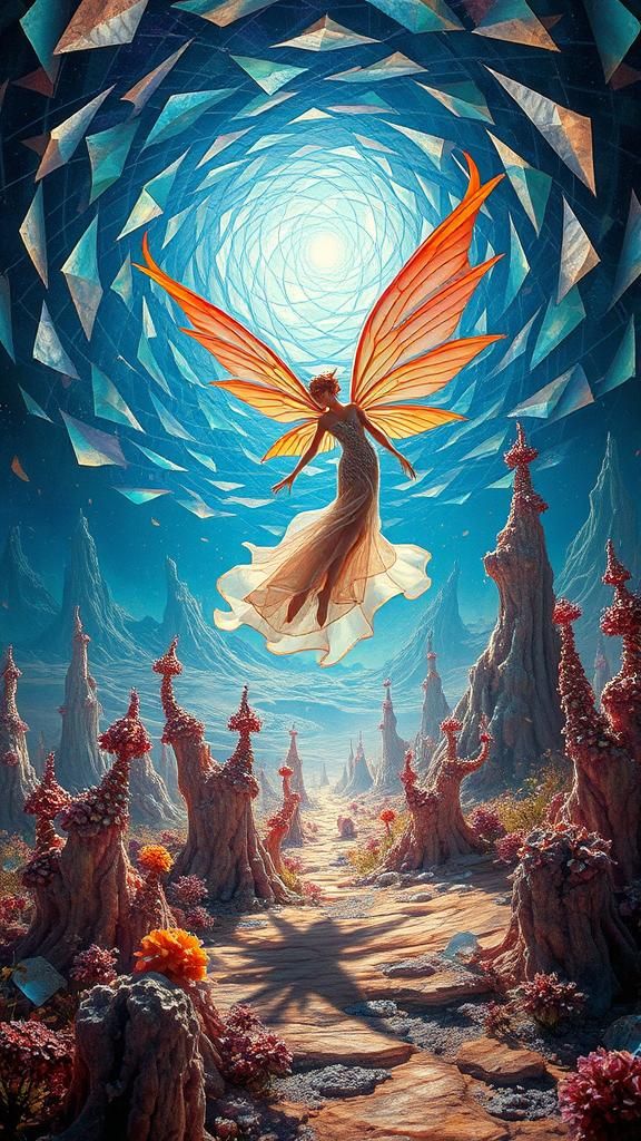 Fairy Pulled into Vortex in Surreal Landscape