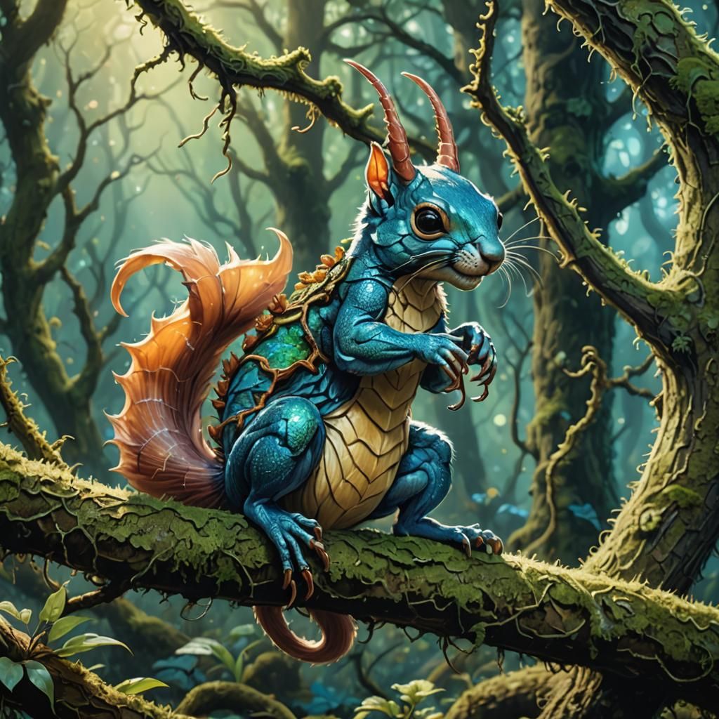 Fantastical Squirrel Scorpion Hybrid in Enchanted Forest