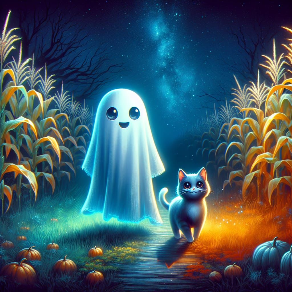 Ethereal Ghost and Cat in Cornfield at Night