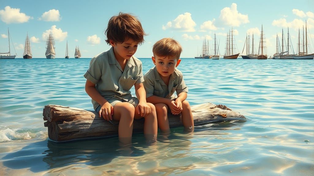 Boys on a Harbor Log, Peaceful Afternoon Scene in Lyrical Re...
