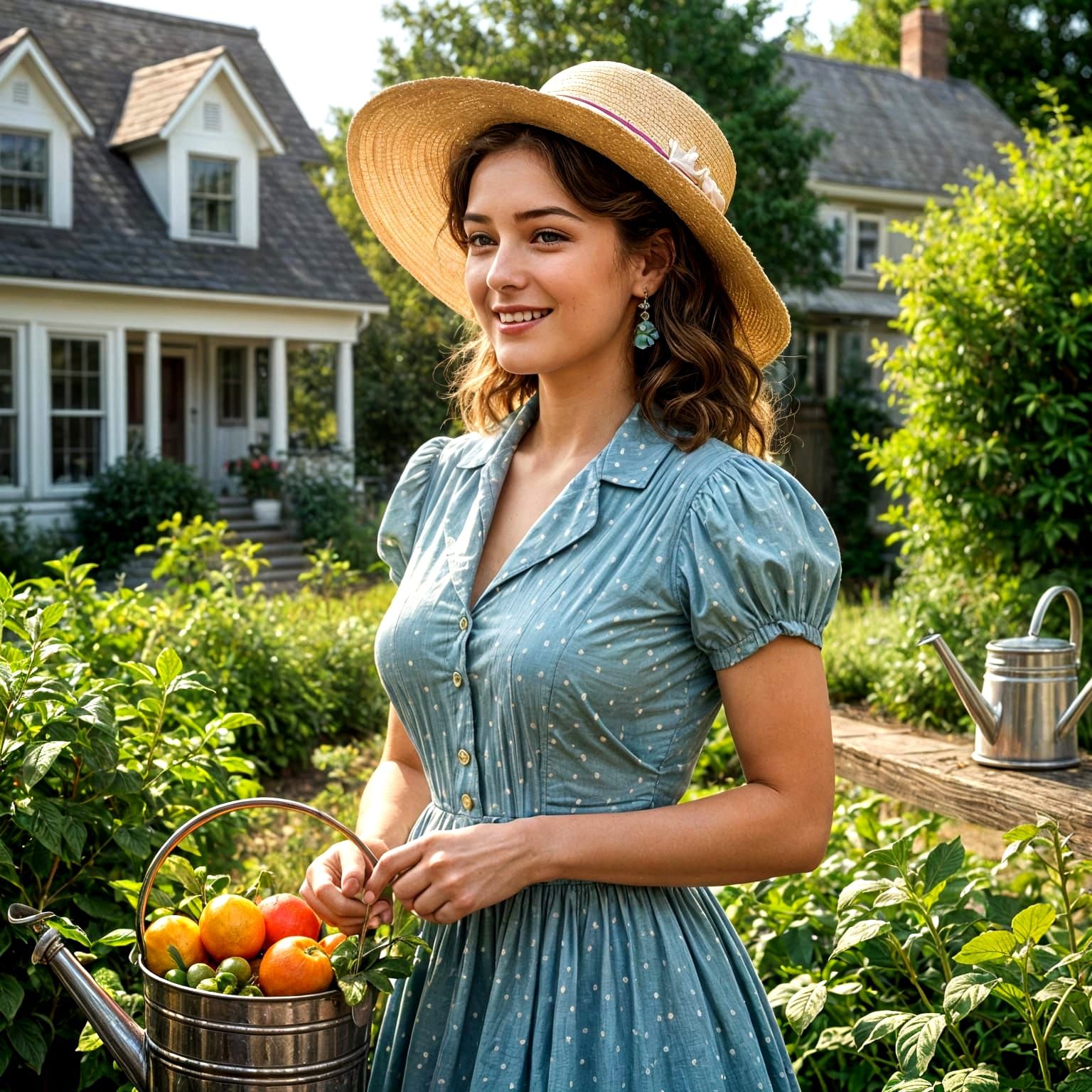 1950s Housewife in Garden, Hyperrealistic Splash Art