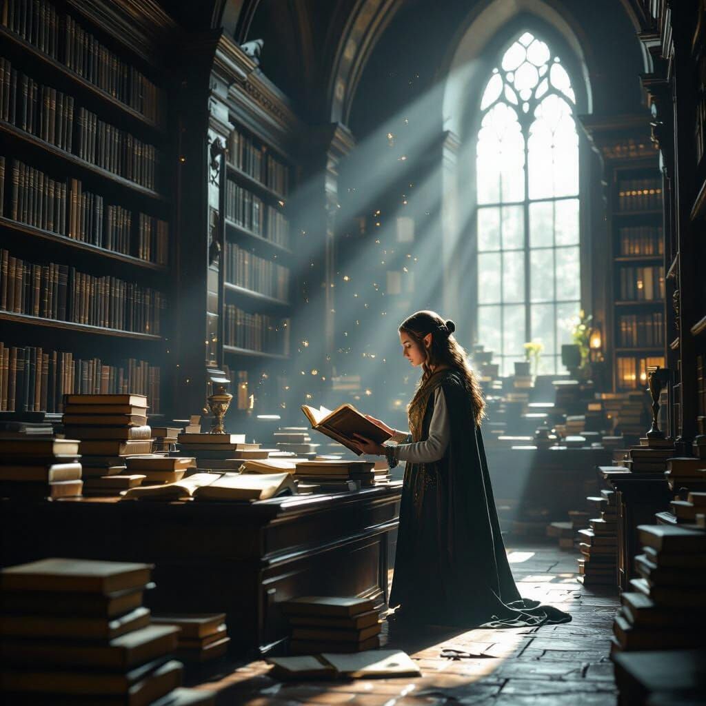 Elf Librarian Organizes Ancient Tomes in Grand Library