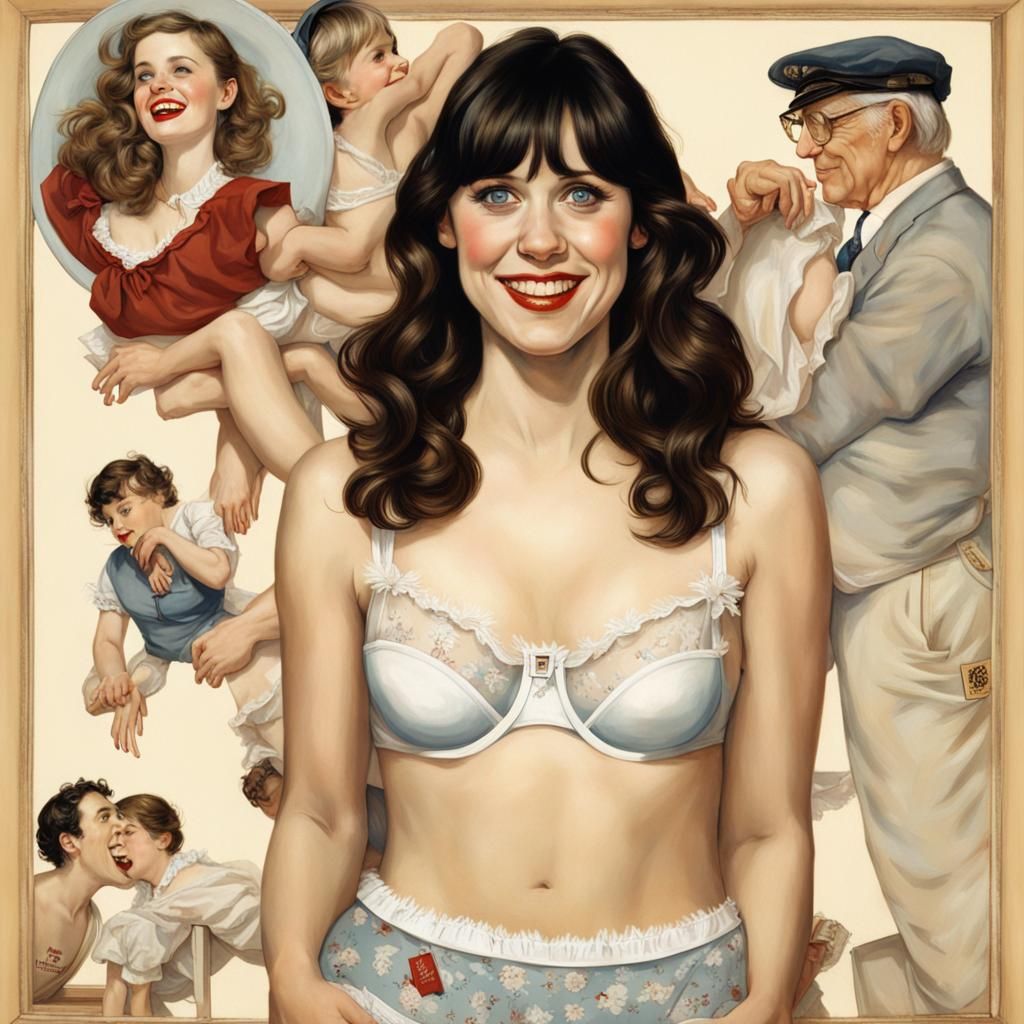 Zooey Deschanel poses in front of AI monstrosities!
