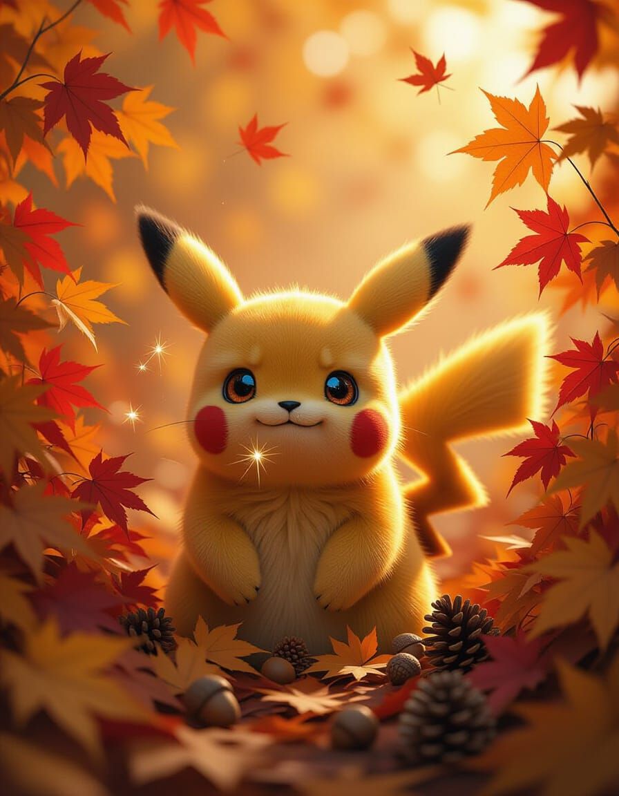 Mischievous Pikachu Hiding in Autumn Leaves