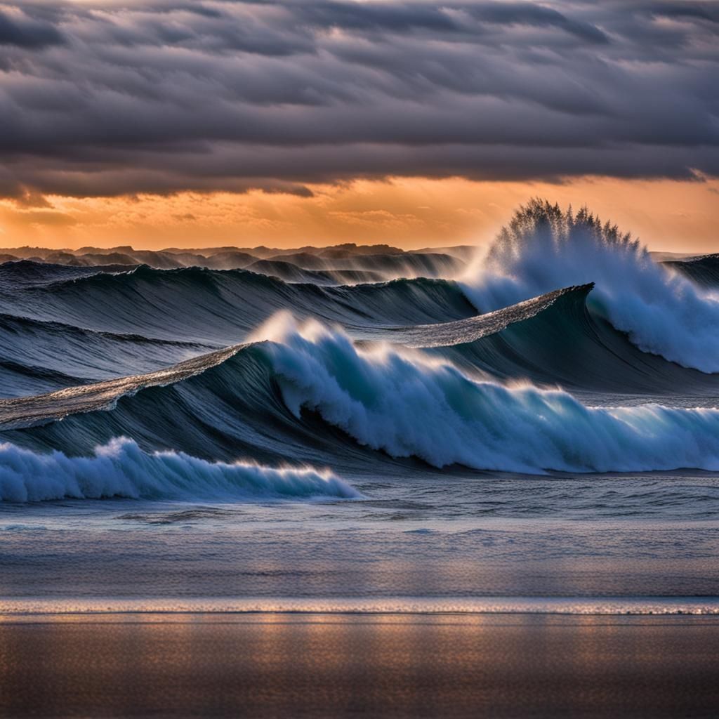 Large Ocean Waves at Dusk Landscape