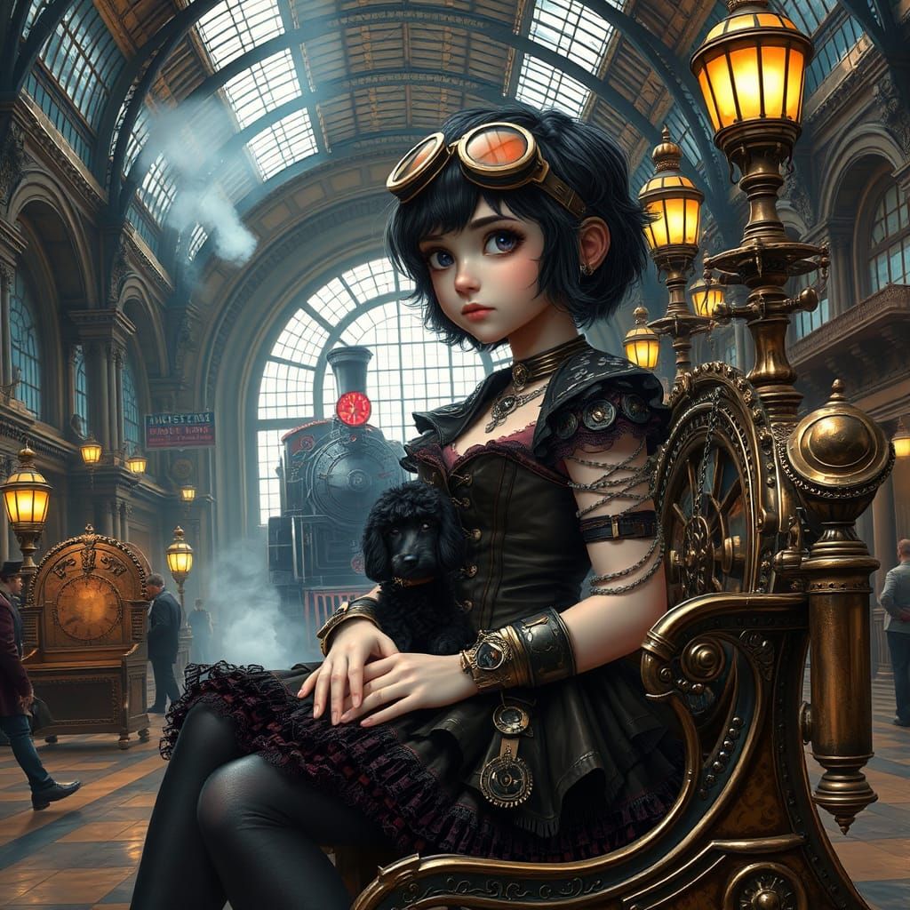 Steampunk Girl with Poodle in Train Station