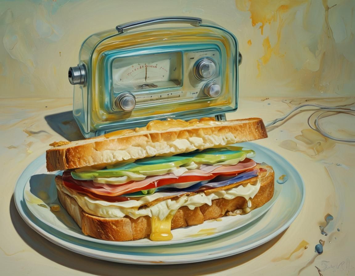 Surreal Radio Sandwich: Vibrant Oil Painting