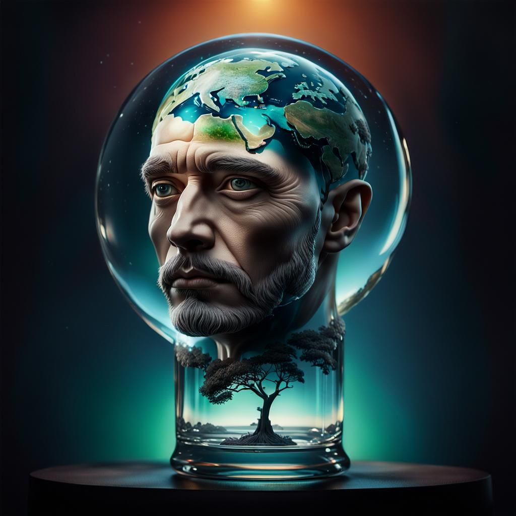 dark background,hyperrealistic, glass earth with glas miniatur World inside, Surrealistic, black shine, conceptual art,...