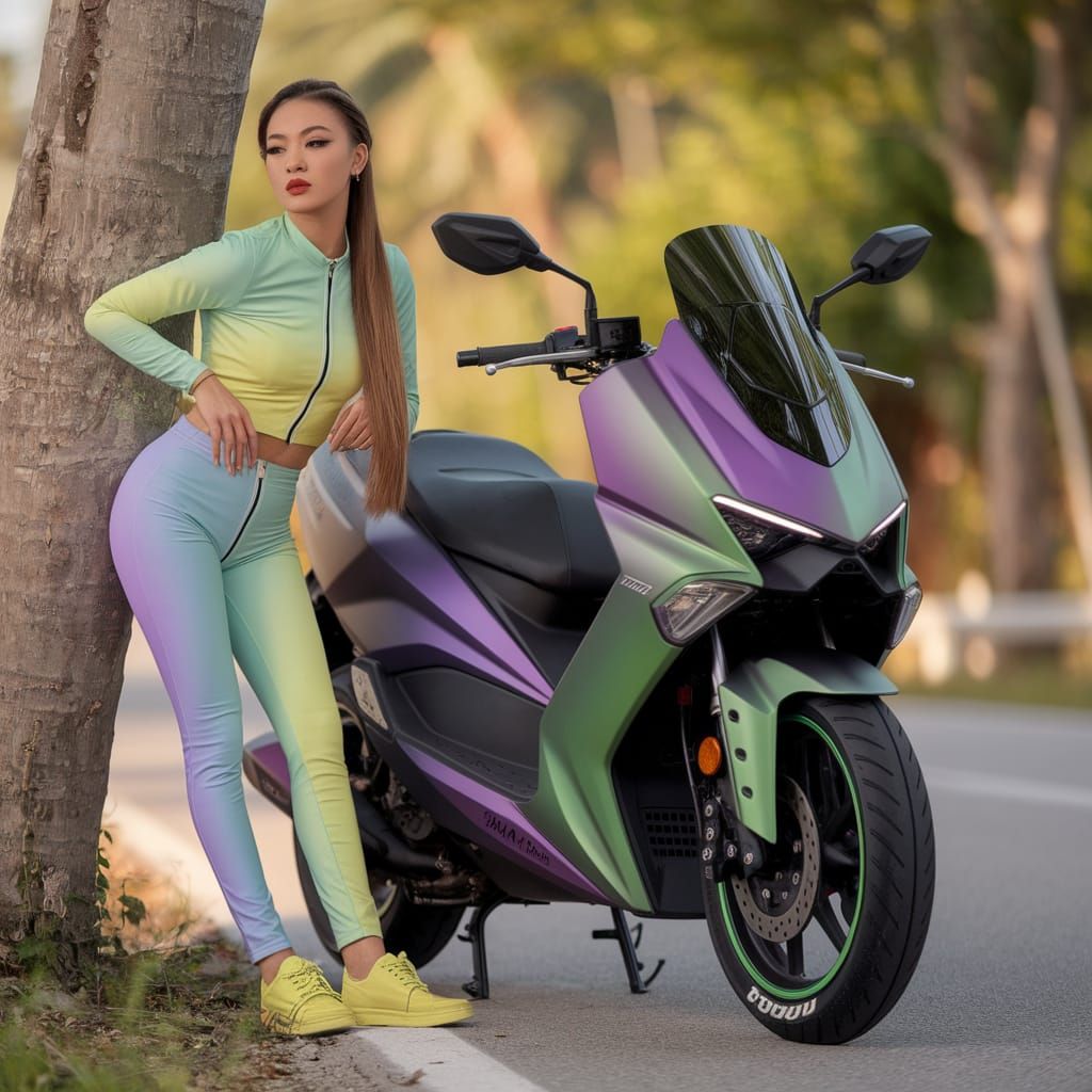 Malaysian Woman with Custom Scooter in Photo-Realistic Style