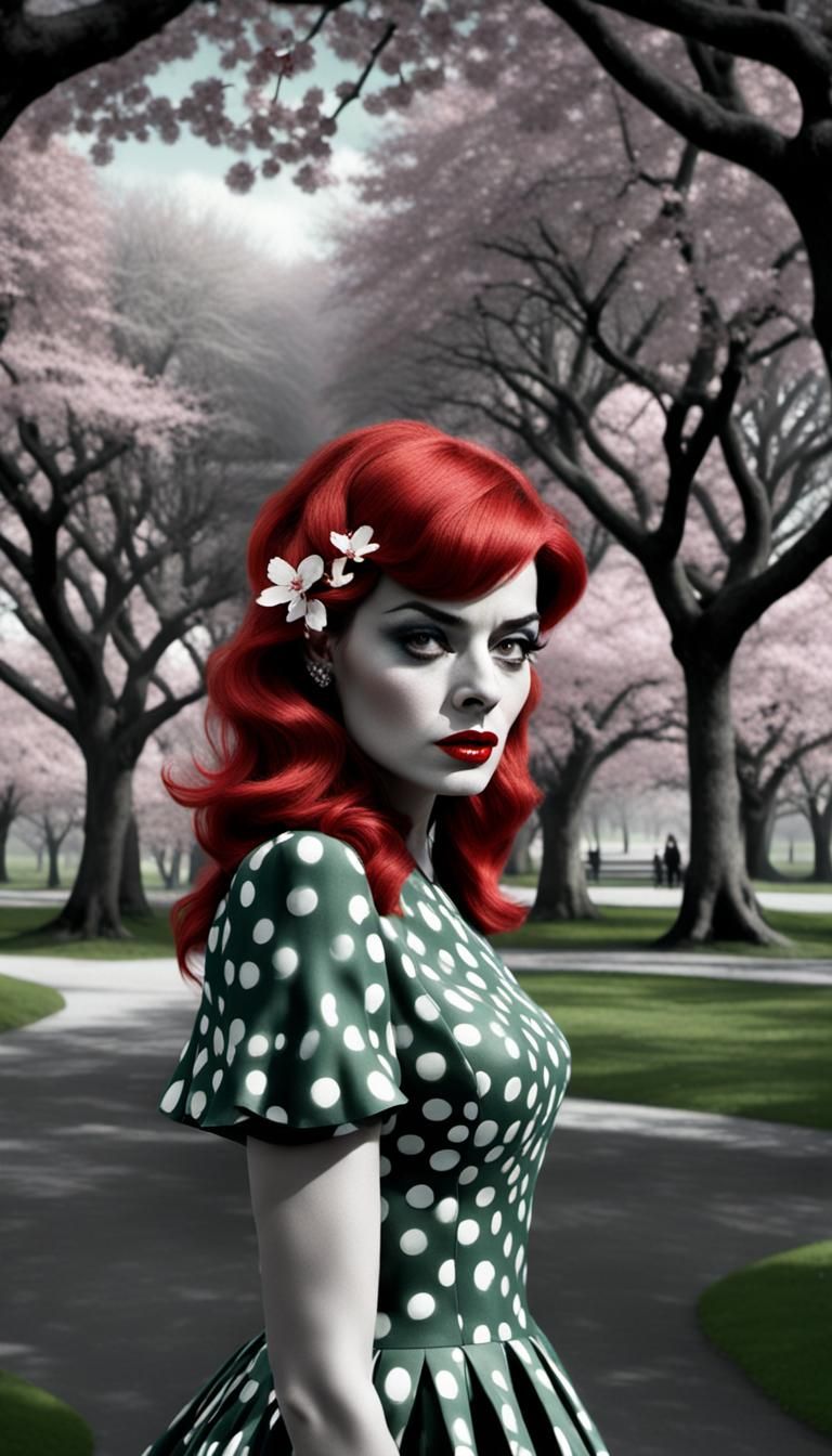 Whimsical Redhead in Cherry Blossom Park