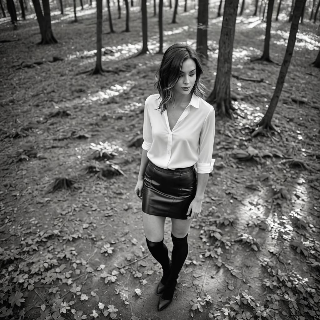 Drone Photo: Woman in Leather Skirt in Woods