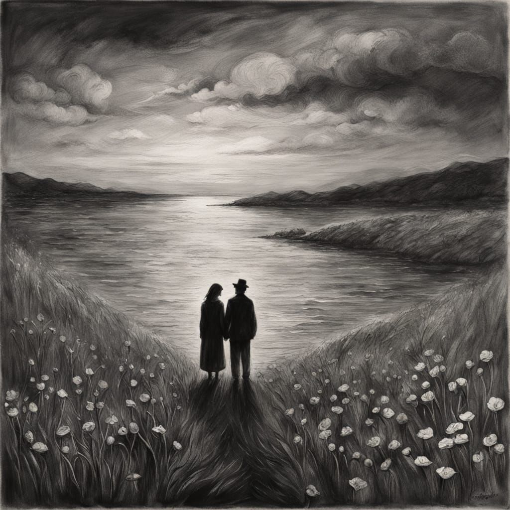 Couple's Embrace by the Sea in Charcoal Drawing Style