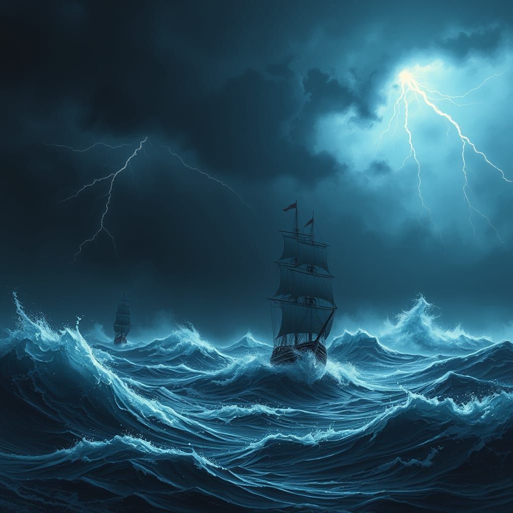 Stormy Ocean with Silhouetted Ships, Digital Painting