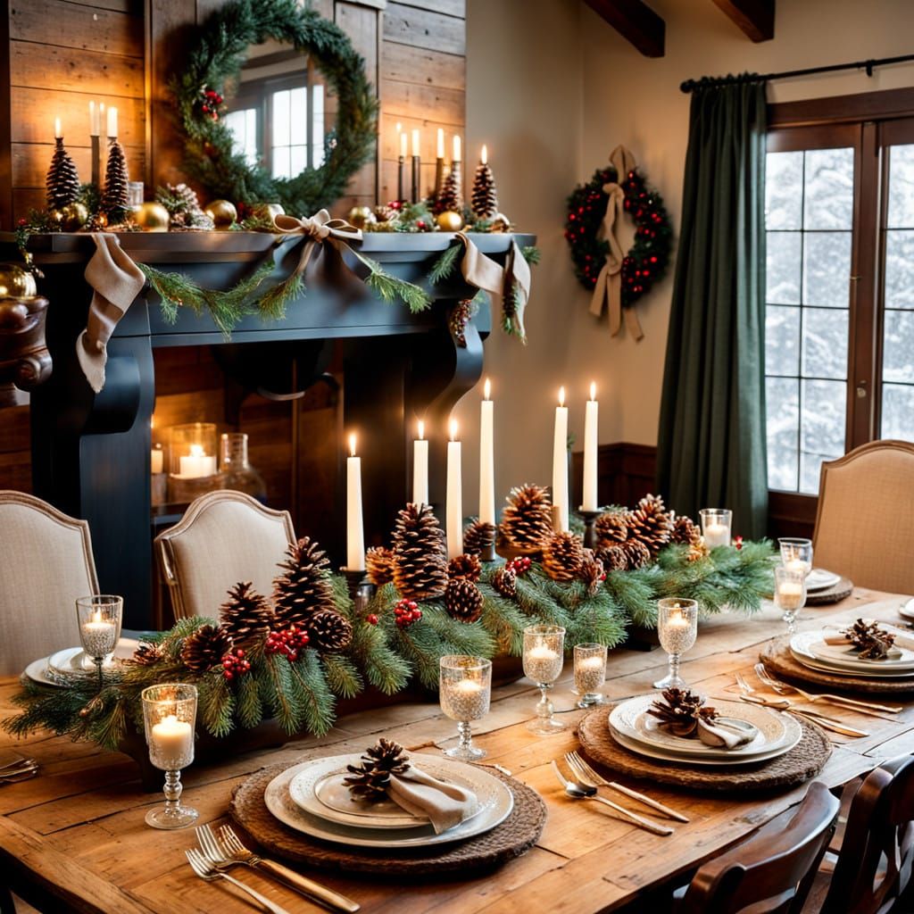 Cozy Christmas Table Setting with Rustic Charm and Warm Cand...