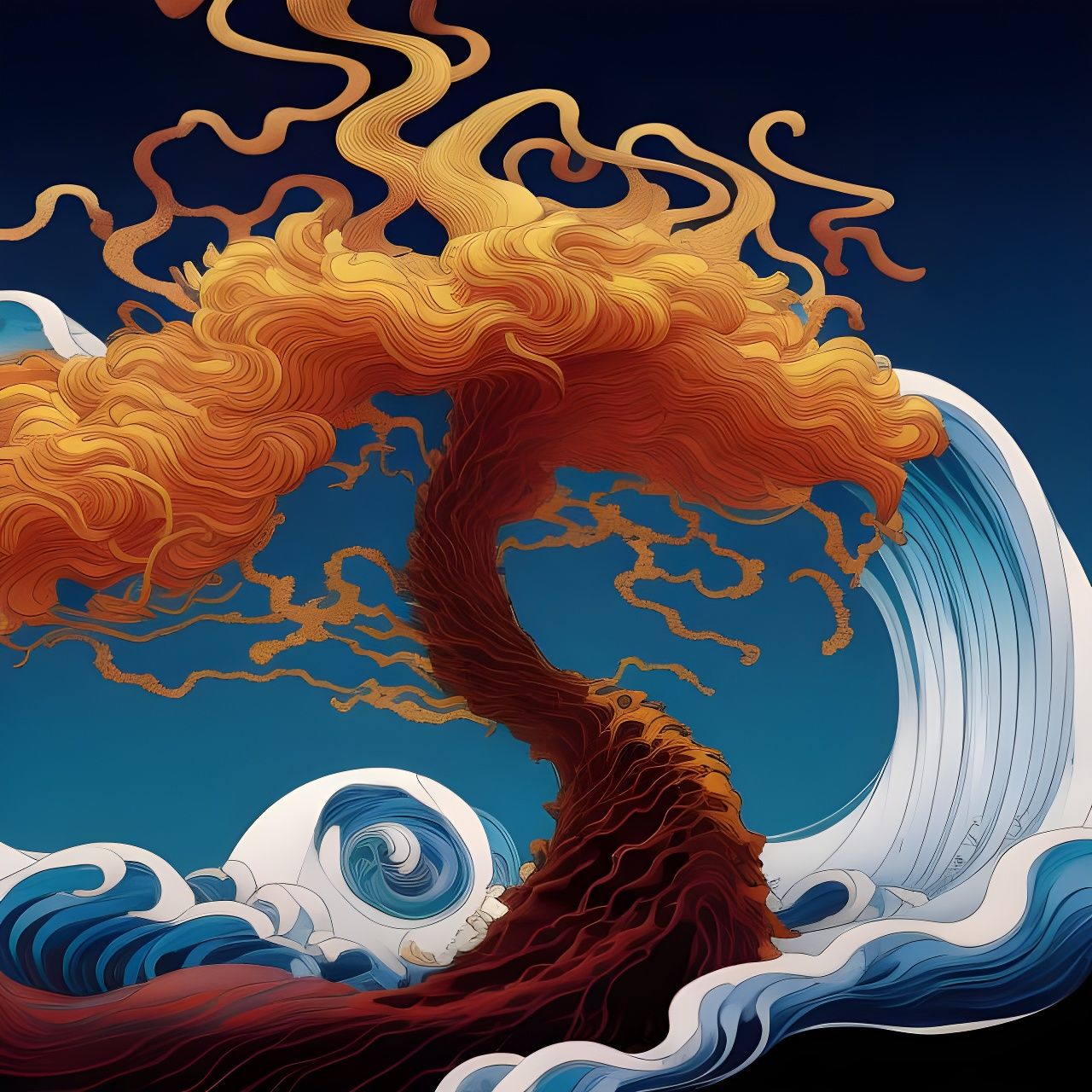 Flaming Tree Reflected in Shattered Waves