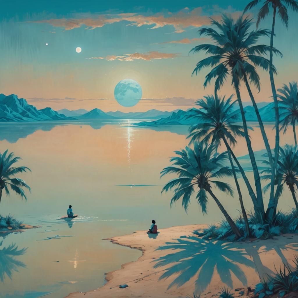 Surreal Oasis with Double Moons in Dreamy Art