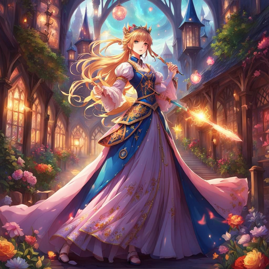 Anime Magical Girl Casting Spell in Medieval Setting
