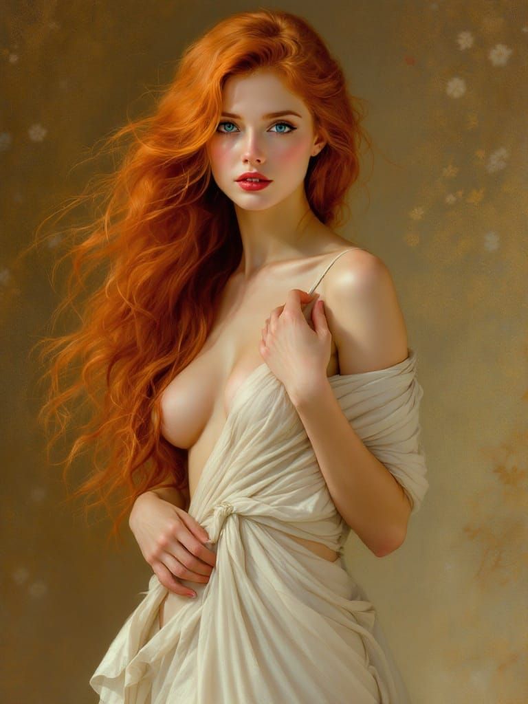 Ethereal Red-Haired Siren in Elegant Repose