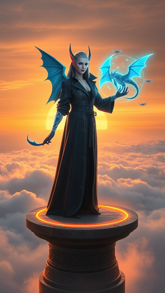 Elven Sorceress with Cybernetic Dragon in Cyberpunk Style