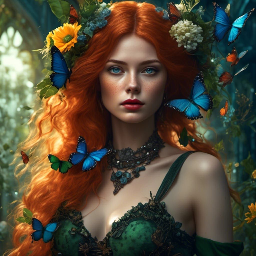 Hyperrealistic Girl with Orange Hair and Butterflies