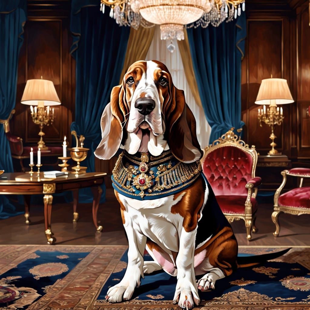 portrait of a basset hound dressed as an English lord of the...