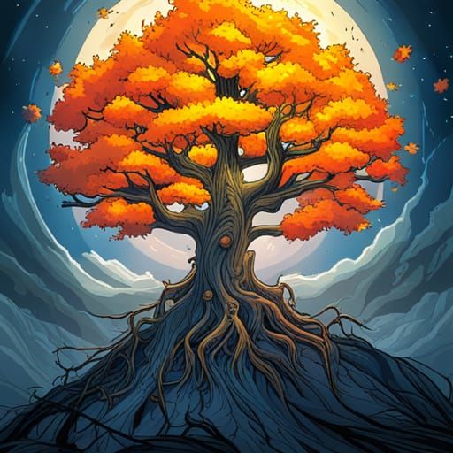 Fairycore Maple Tree at Sunset in Comic Book Art