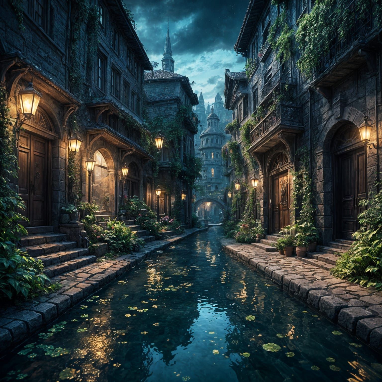 Ethereal City Oasis Nighttime Scene in Detailed Fantasy Art