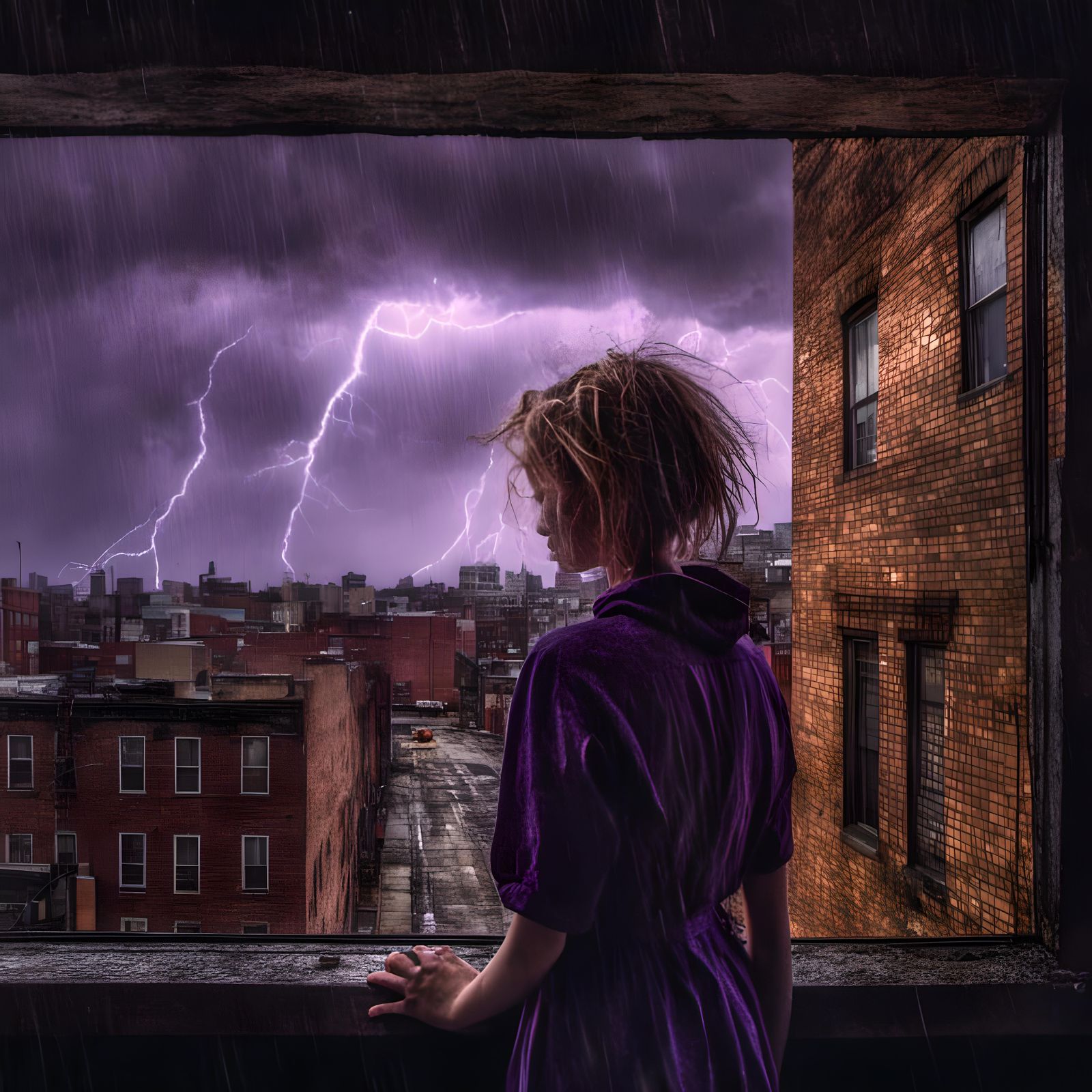 Girl Watches Lightning Storm: Dark Fantasy Concept Art