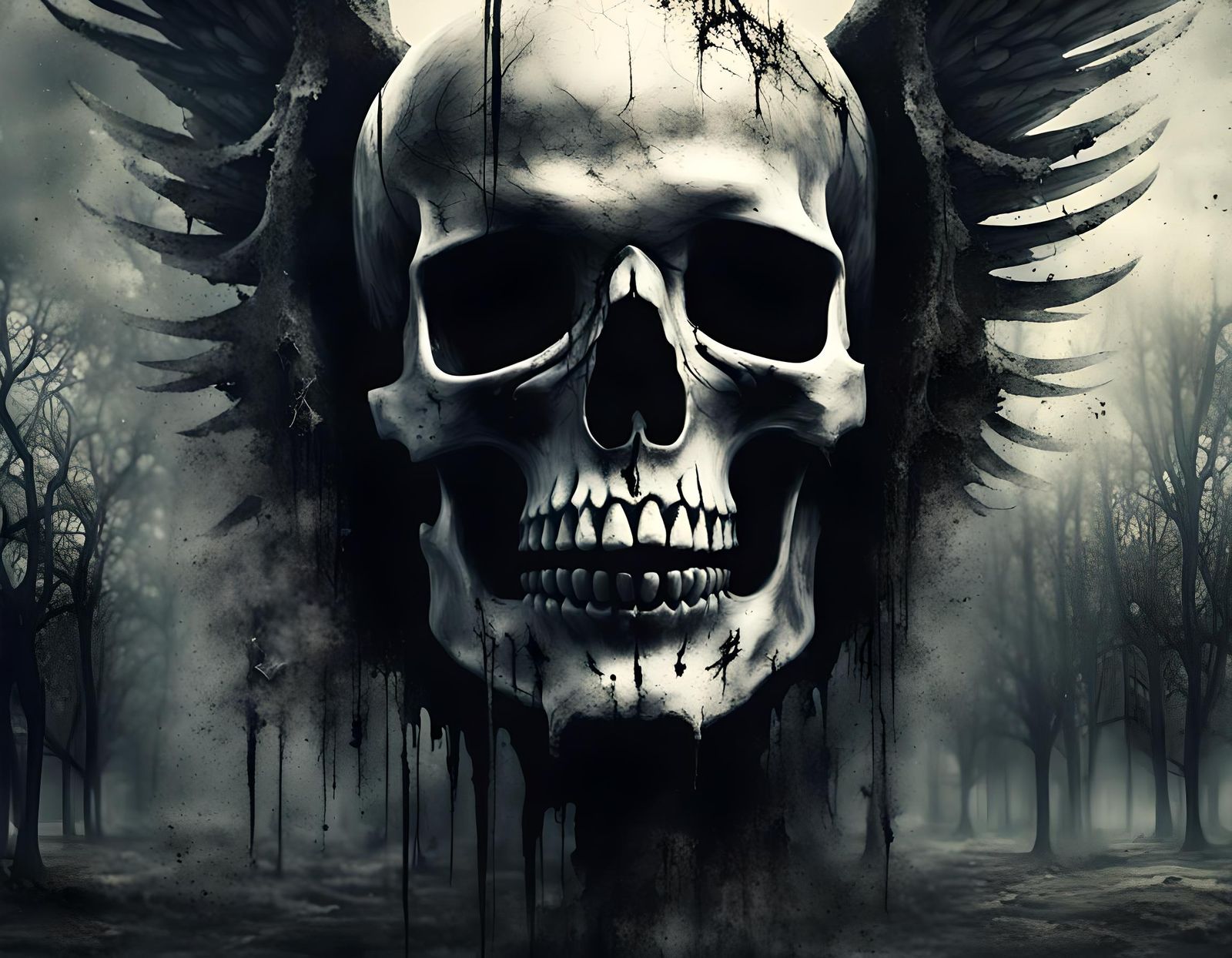 Scary Skull and Graveyard Angel Horror Concept