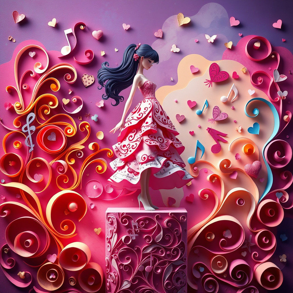 Whimsical Paper Art Woman in Pink Dress