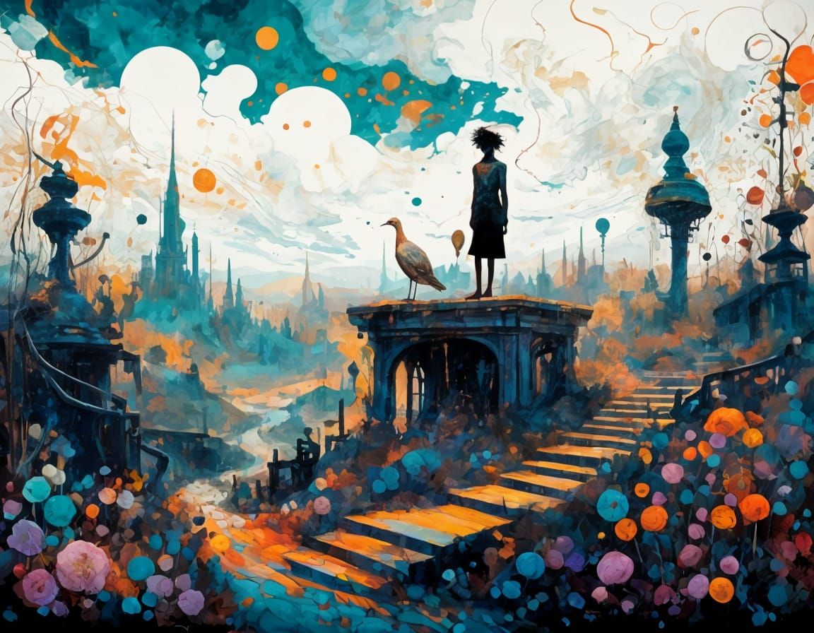 Skeleton Cityscape in Surrealist Digital Illustration