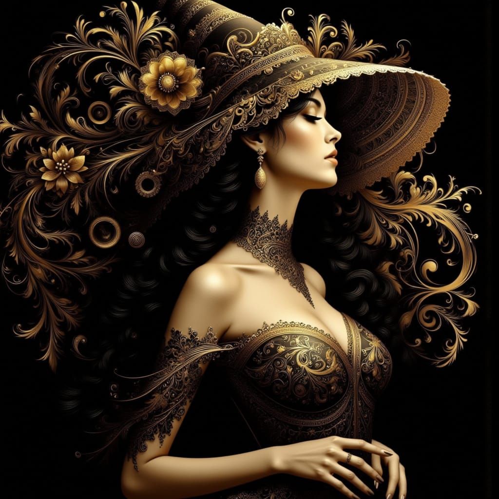 Art Nouveau Elf Sorceress in Shadowed Landscape