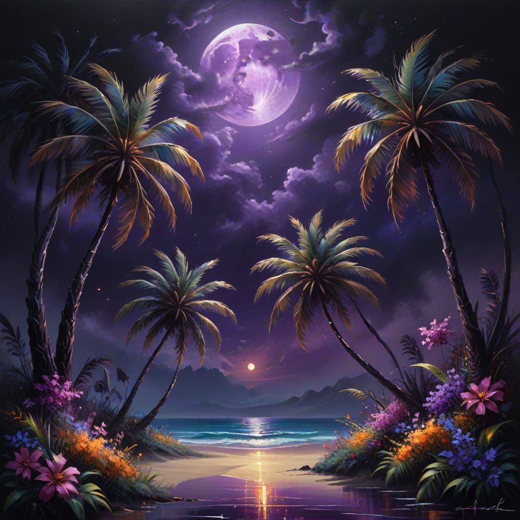 Ethereal Palm Trees Under Purple Moon