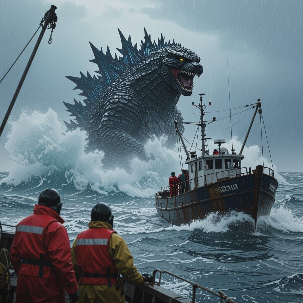 Godzilla Emerges from the Stormy Sea