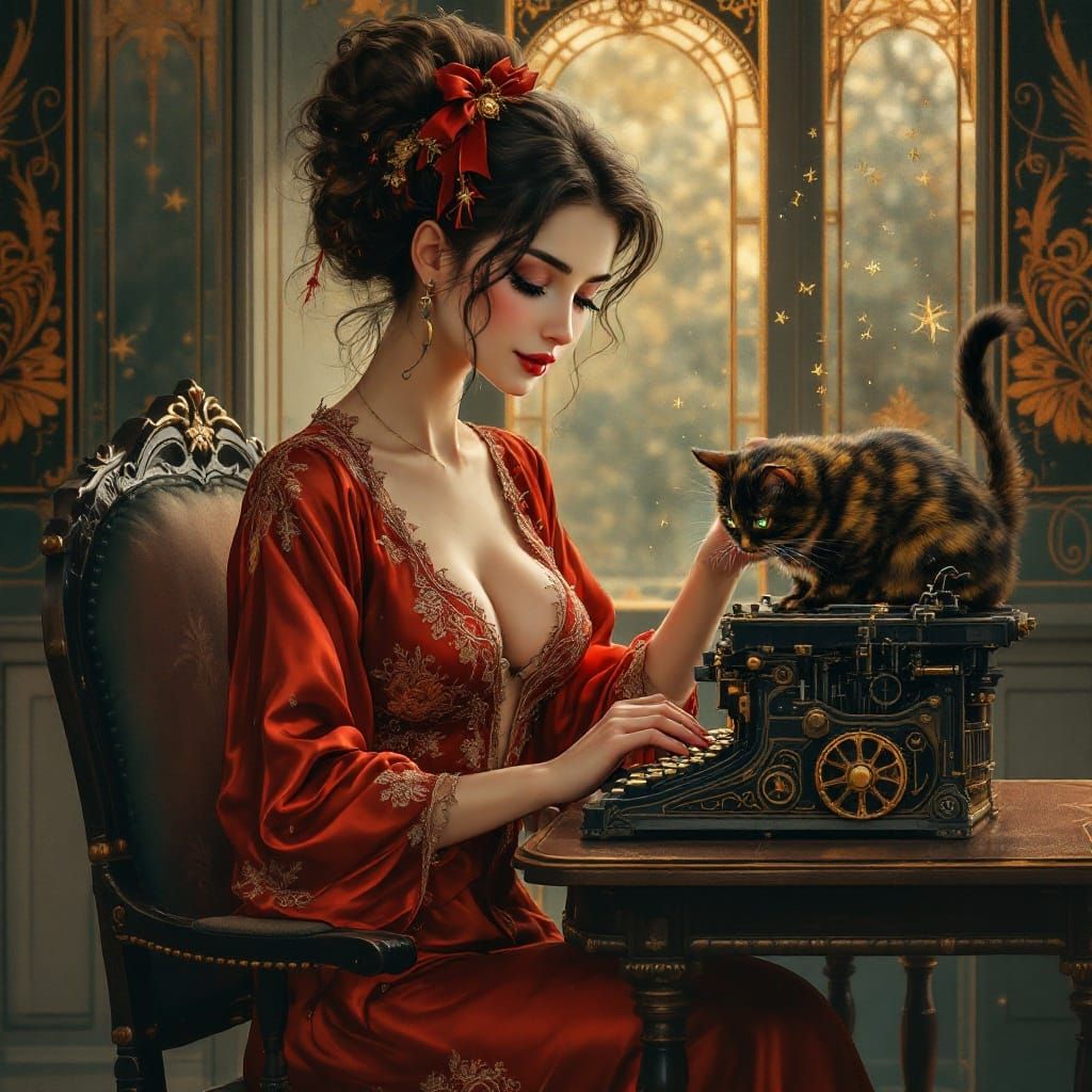 Steampunk Siren Typing in Golden Light