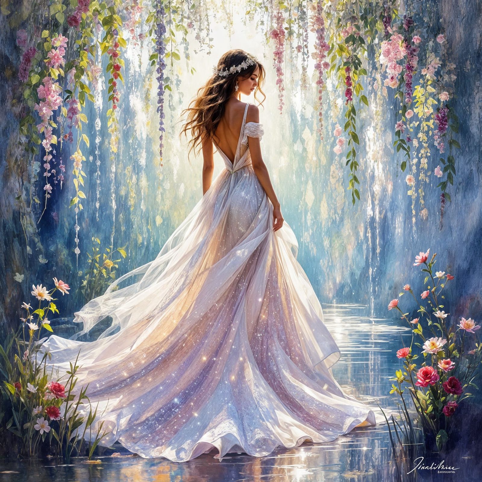 Ethereal Glass Bead Dress in Impressionist Style